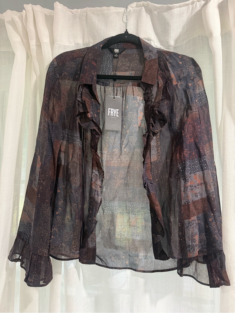 NWT FRYE Sheer Ruffle Open-Front Blouse in Dark Brown & Black Multi MEDIUM
